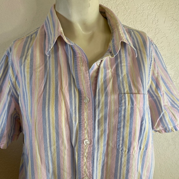 Blair Womens Med Pink Blue Stripe Cotton Blouse Button Front Short Sleeve Pocket - Picture 2 of 10